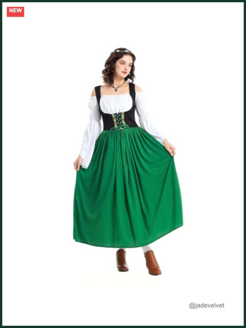 Women Bavarian Dirndl Oktoberfest Costume Dress with Scarf Polyester